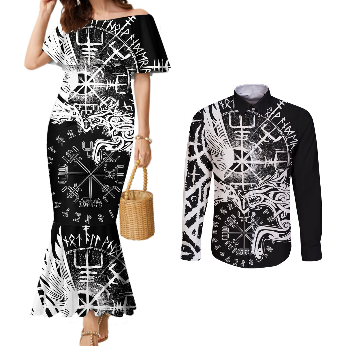 Vikings Raven and Wolf Couples Matching Mermaid Dress and Long Sleeve Button Shirt with Aegishjalmur Unique