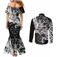 Vikings Raven and Wolf Couples Matching Mermaid Dress and Long Sleeve Button Shirt with Aegishjalmur Unique