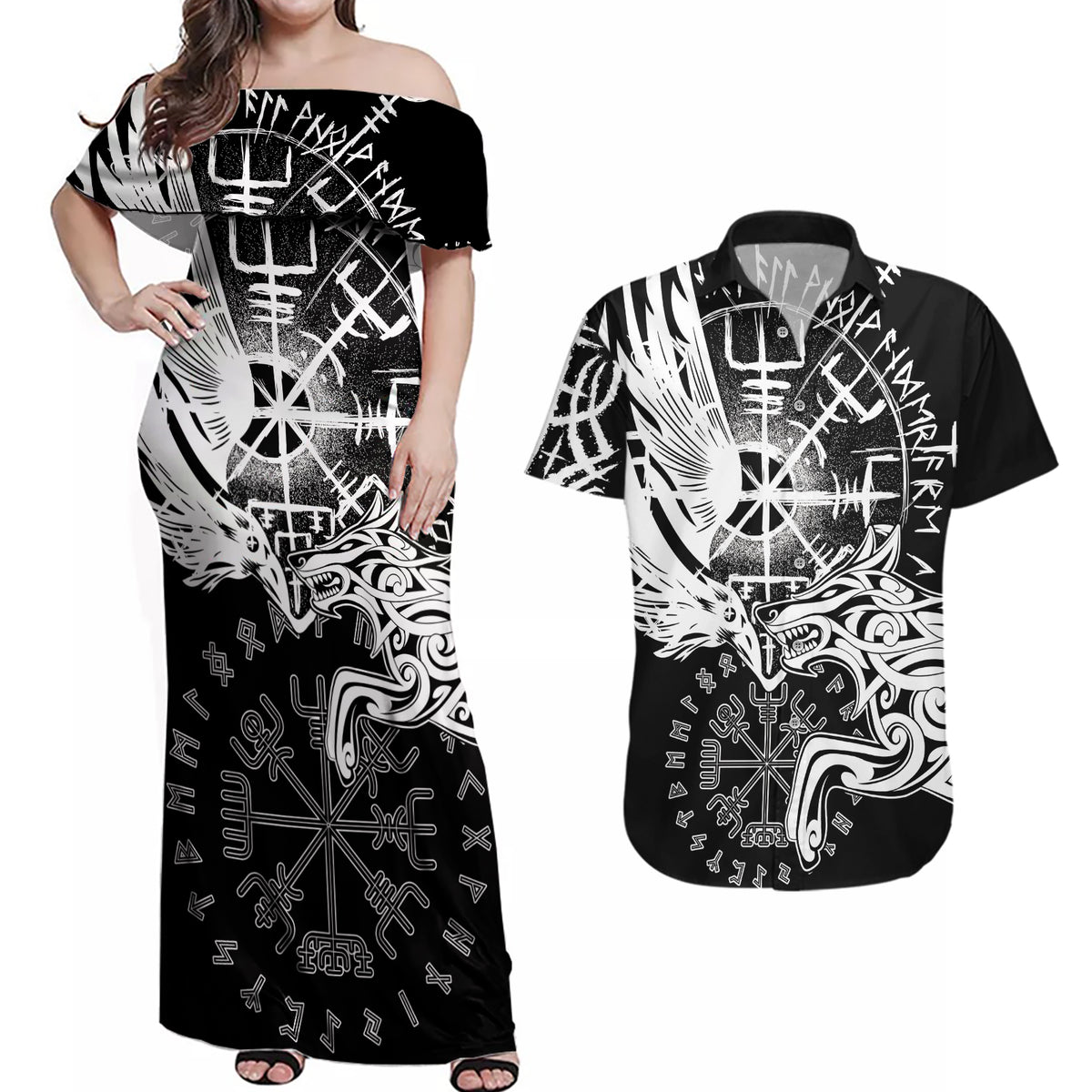 Vikings Raven and Wolf Couples Matching Off Shoulder Maxi Dress and Hawaiian Shirt with Aegishjalmur Unique LT9 - Wonder Print Shop