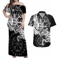 Vikings Raven and Wolf Couples Matching Off Shoulder Maxi Dress and Hawaiian Shirt with Aegishjalmur Unique LT9 - Wonder Print Shop