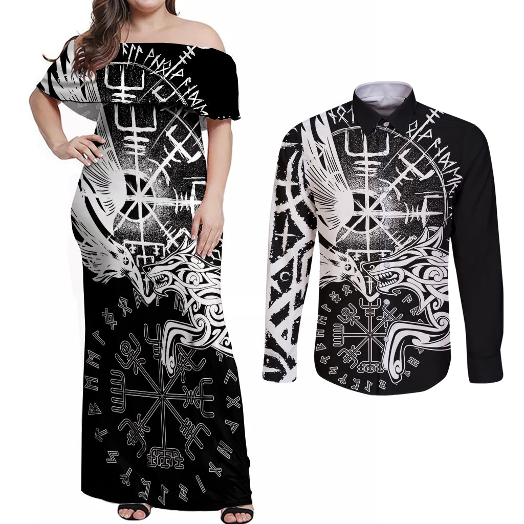 Vikings Raven and Wolf Couples Matching Off Shoulder Maxi Dress and Long Sleeve Button Shirt with Aegishjalmur Unique LT9 - Wonder Print Shop