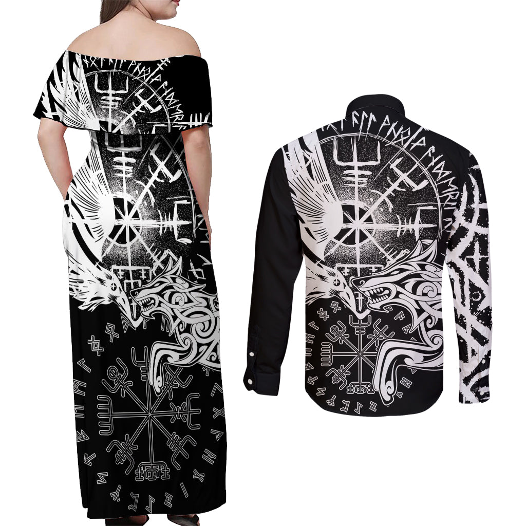Vikings Raven and Wolf Couples Matching Off Shoulder Maxi Dress and Long Sleeve Button Shirt with Aegishjalmur Unique LT9 - Wonder Print Shop