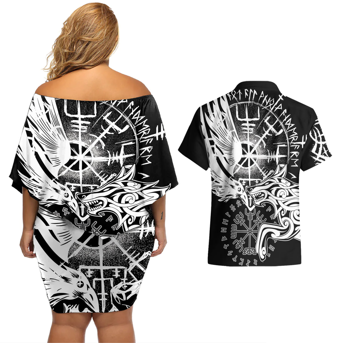Vikings Raven and Wolf Couples Matching Off Shoulder Short Dress and Hawaiian Shirt with Aegishjalmur Unique LT9 - Wonder Print Shop