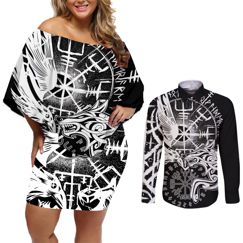 Vikings Raven and Wolf Couples Matching Off Shoulder Short Dress and Long Sleeve Button Shirt with Aegishjalmur Unique LT9 - Wonder Print Shop