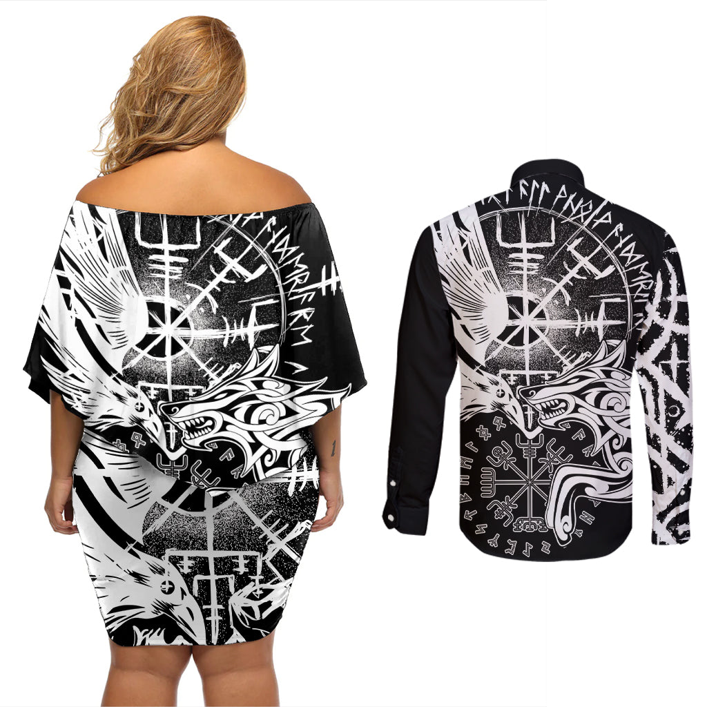 Vikings Raven and Wolf Couples Matching Off Shoulder Short Dress and Long Sleeve Button Shirt with Aegishjalmur Unique LT9 - Wonder Print Shop