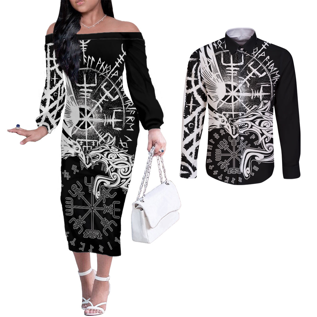Vikings Raven and Wolf Couples Matching Off The Shoulder Long Sleeve Dress and Long Sleeve Button Shirt with Aegishjalmur Unique
