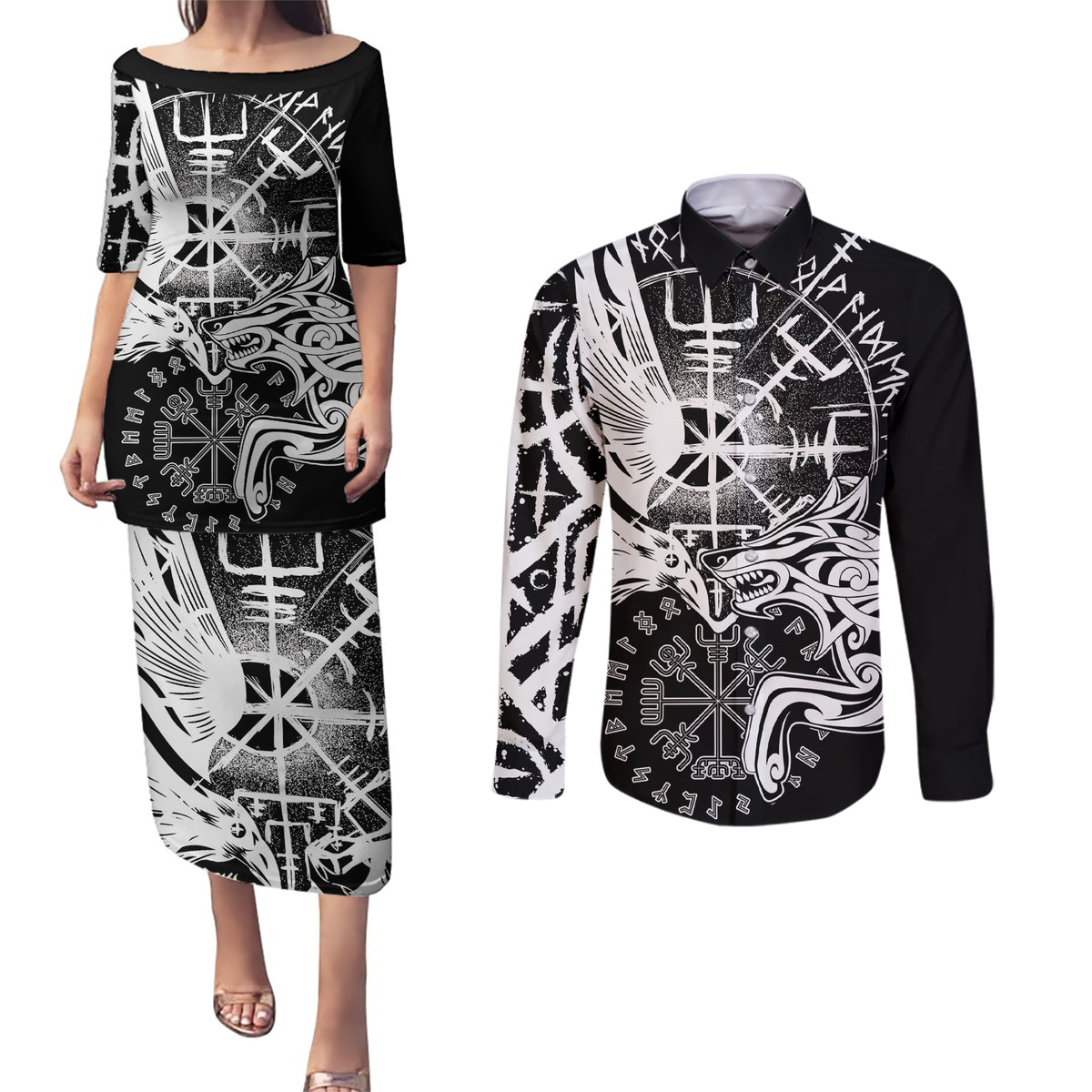 Vikings Raven and Wolf Couples Matching Puletasi and Long Sleeve Button Shirt with Aegishjalmur Unique LT9 - Wonder Print Shop