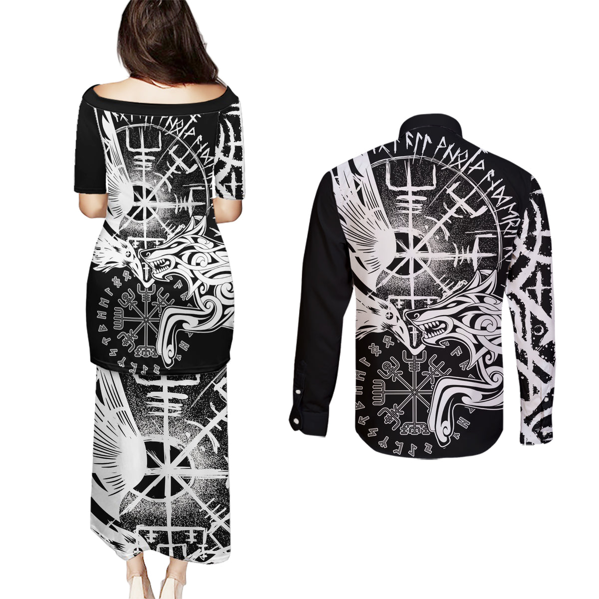 Vikings Raven and Wolf Couples Matching Puletasi and Long Sleeve Button Shirt with Aegishjalmur Unique LT9 - Wonder Print Shop