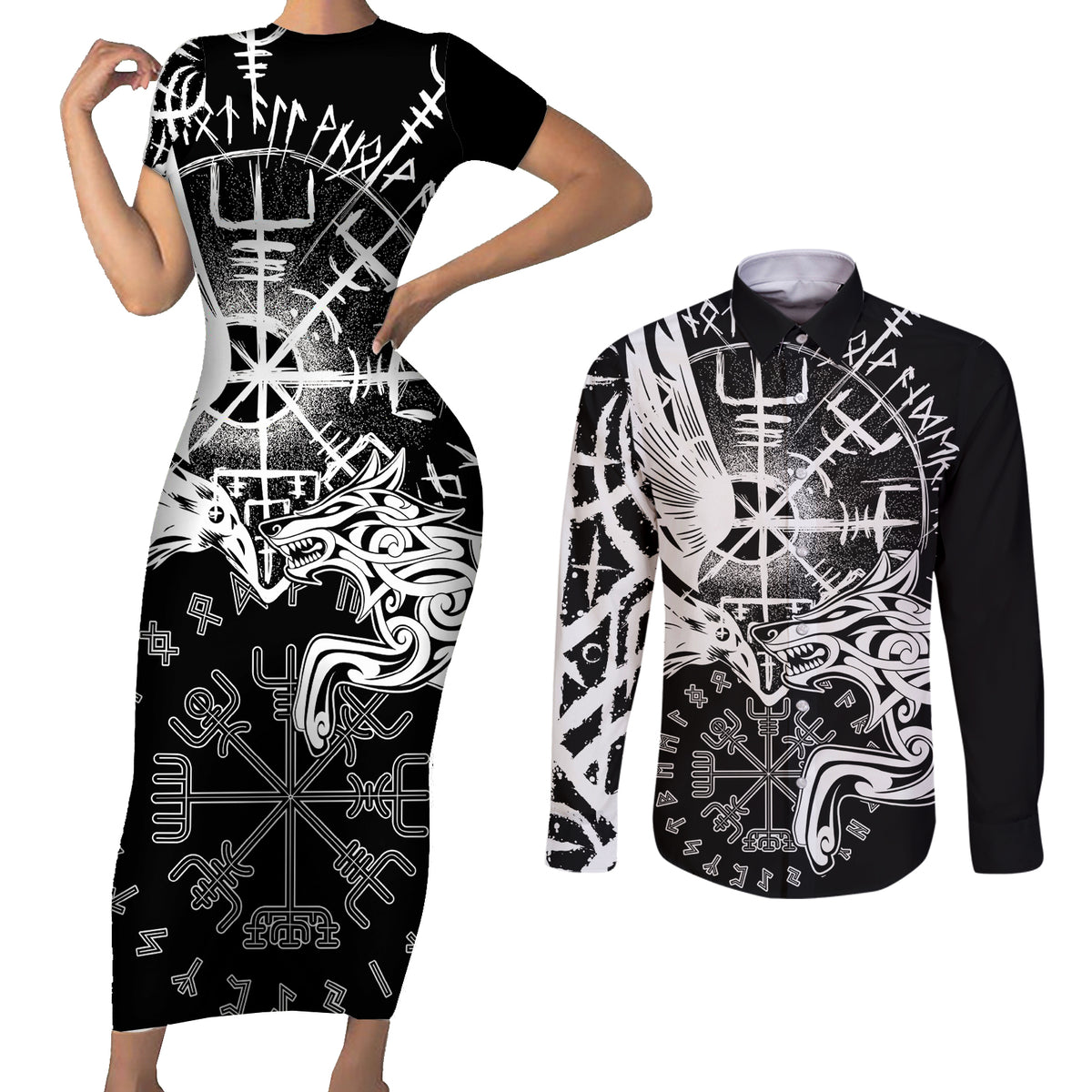 Vikings Raven and Wolf Couples Matching Short Sleeve Bodycon Dress and Long Sleeve Button Shirt with Aegishjalmur Unique LT9 - Wonder Print Shop