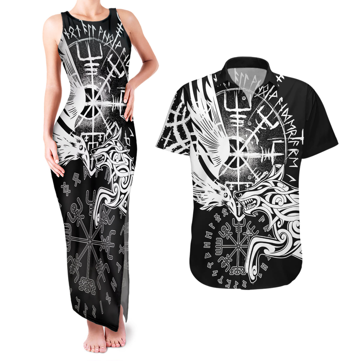 Vikings Raven and Wolf Couples Matching Tank Maxi Dress and Hawaiian Shirt with Aegishjalmur Unique LT9 - Wonder Print Shop