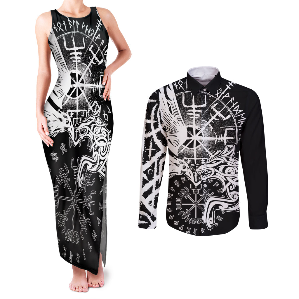 Vikings Raven and Wolf Couples Matching Tank Maxi Dress and Long Sleeve Button Shirt with Aegishjalmur Unique LT9 - Wonder Print Shop