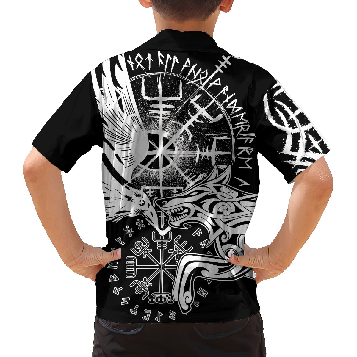 Vikings Raven and Wolf Family Matching Long Sleeve Bodycon Dress and Hawaiian Shirt with Aegishjalmur Unique LT9 - Wonder Print Shop