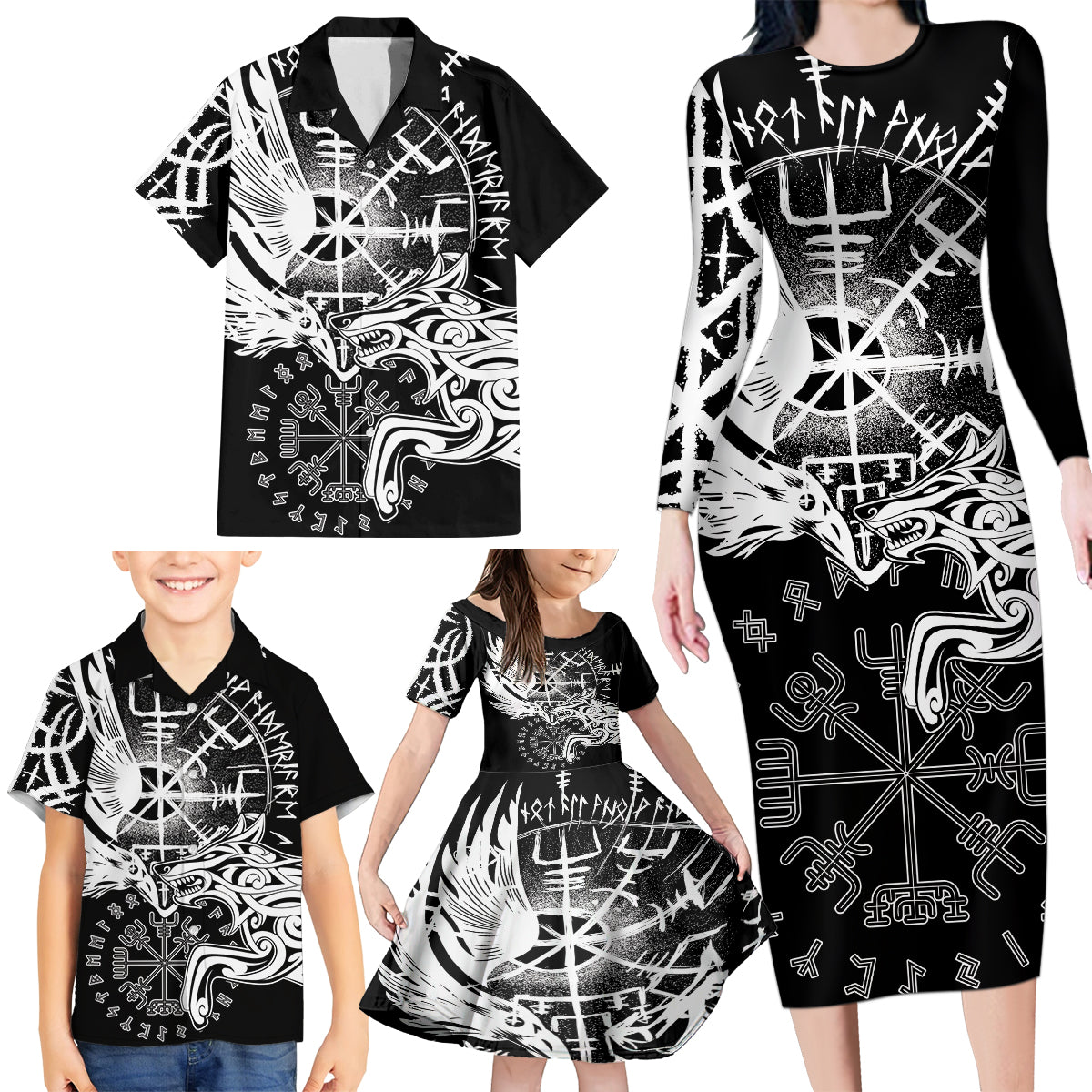 Vikings Raven and Wolf Family Matching Long Sleeve Bodycon Dress and Hawaiian Shirt with Aegishjalmur Unique LT9 - Wonder Print Shop