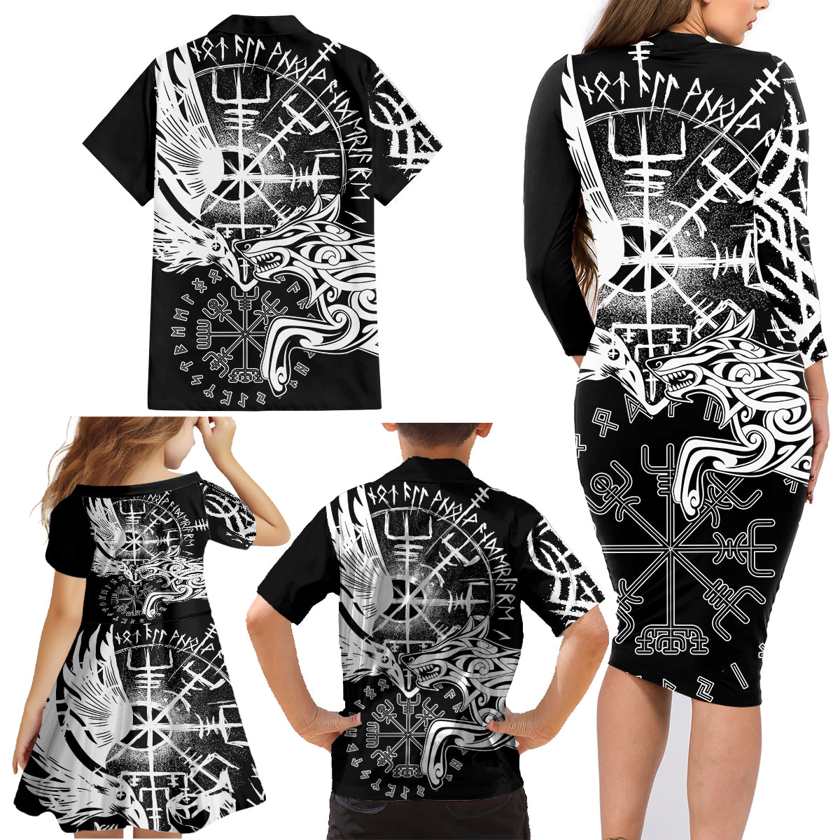 Vikings Raven and Wolf Family Matching Long Sleeve Bodycon Dress and Hawaiian Shirt with Aegishjalmur Unique LT9 - Wonder Print Shop