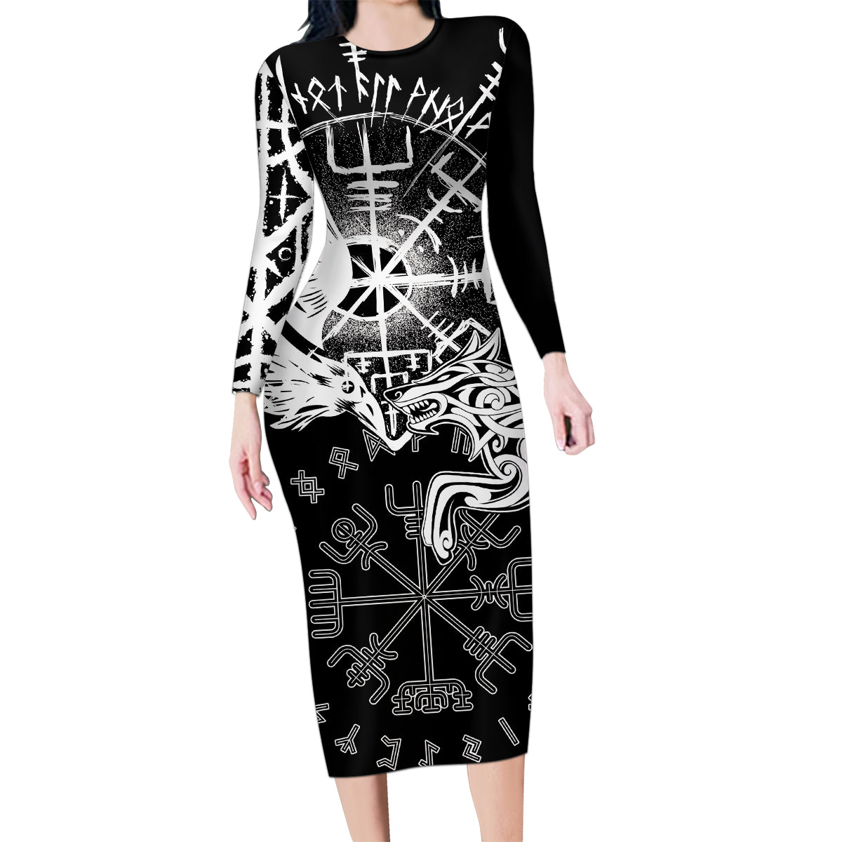 Vikings Raven and Wolf Family Matching Long Sleeve Bodycon Dress and Hawaiian Shirt with Aegishjalmur Unique LT9 - Wonder Print Shop