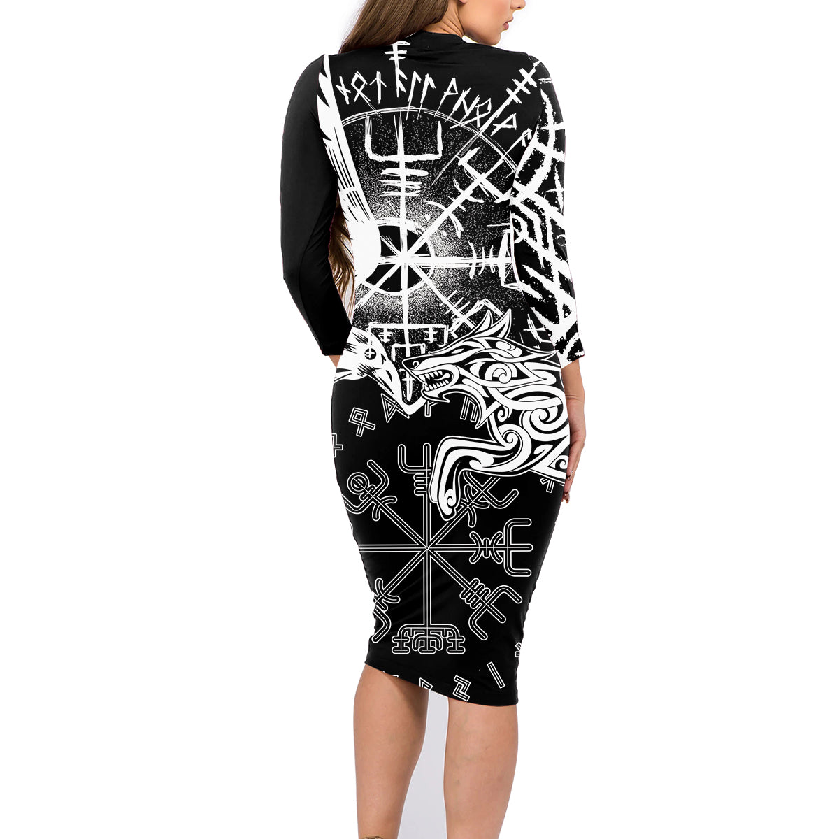 Vikings Raven and Wolf Family Matching Long Sleeve Bodycon Dress and Hawaiian Shirt with Aegishjalmur Unique LT9 - Wonder Print Shop
