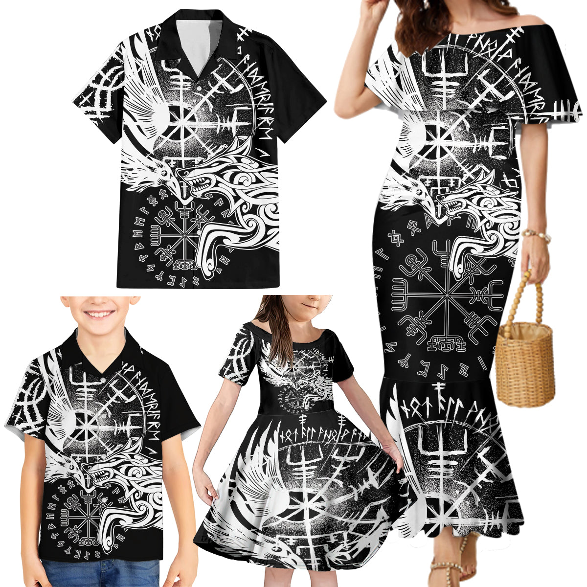 Vikings Raven and Wolf Family Matching Mermaid Dress and Hawaiian Shirt with Aegishjalmur Unique LT9 - Wonder Print Shop