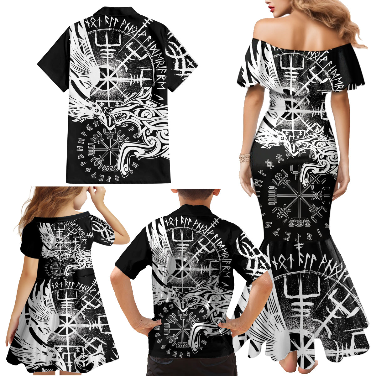 Vikings Raven and Wolf Family Matching Mermaid Dress and Hawaiian Shirt with Aegishjalmur Unique LT9 - Wonder Print Shop