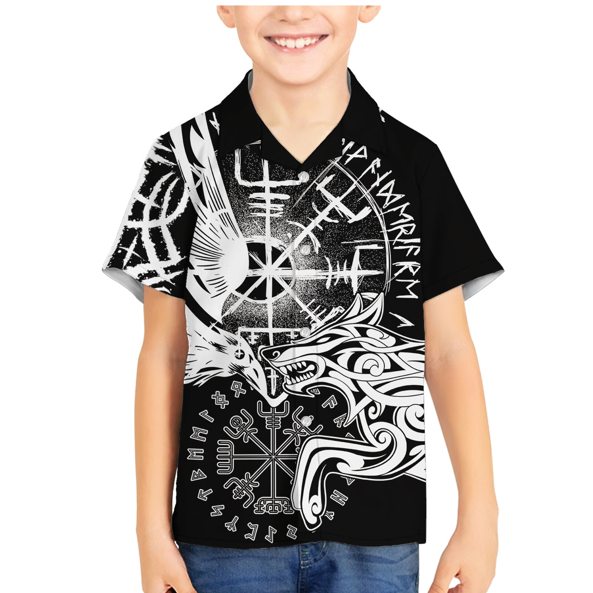 Vikings Raven and Wolf Family Matching Mermaid Dress and Hawaiian Shirt with Aegishjalmur Unique LT9 - Wonder Print Shop