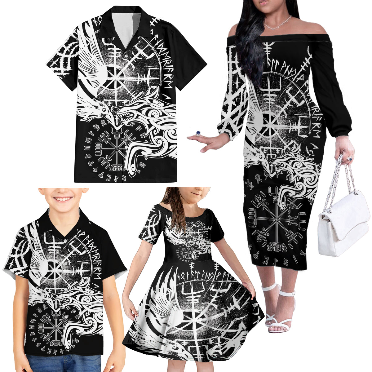Vikings Raven and Wolf Family Matching Off The Shoulder Long Sleeve Dress and Hawaiian Shirt with Aegishjalmur Unique - Wonder Print Shop