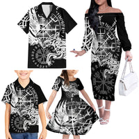 Vikings Raven and Wolf Family Matching Off The Shoulder Long Sleeve Dress and Hawaiian Shirt with Aegishjalmur Unique - Wonder Print Shop