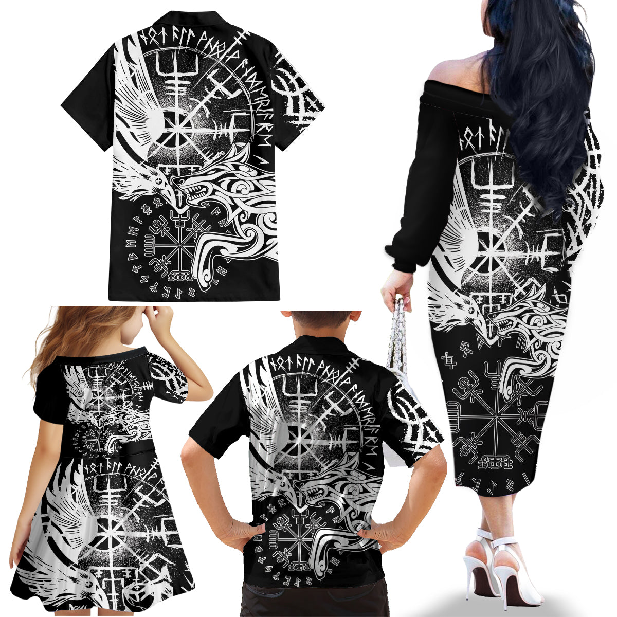 Vikings Raven and Wolf Family Matching Off The Shoulder Long Sleeve Dress and Hawaiian Shirt with Aegishjalmur Unique - Wonder Print Shop