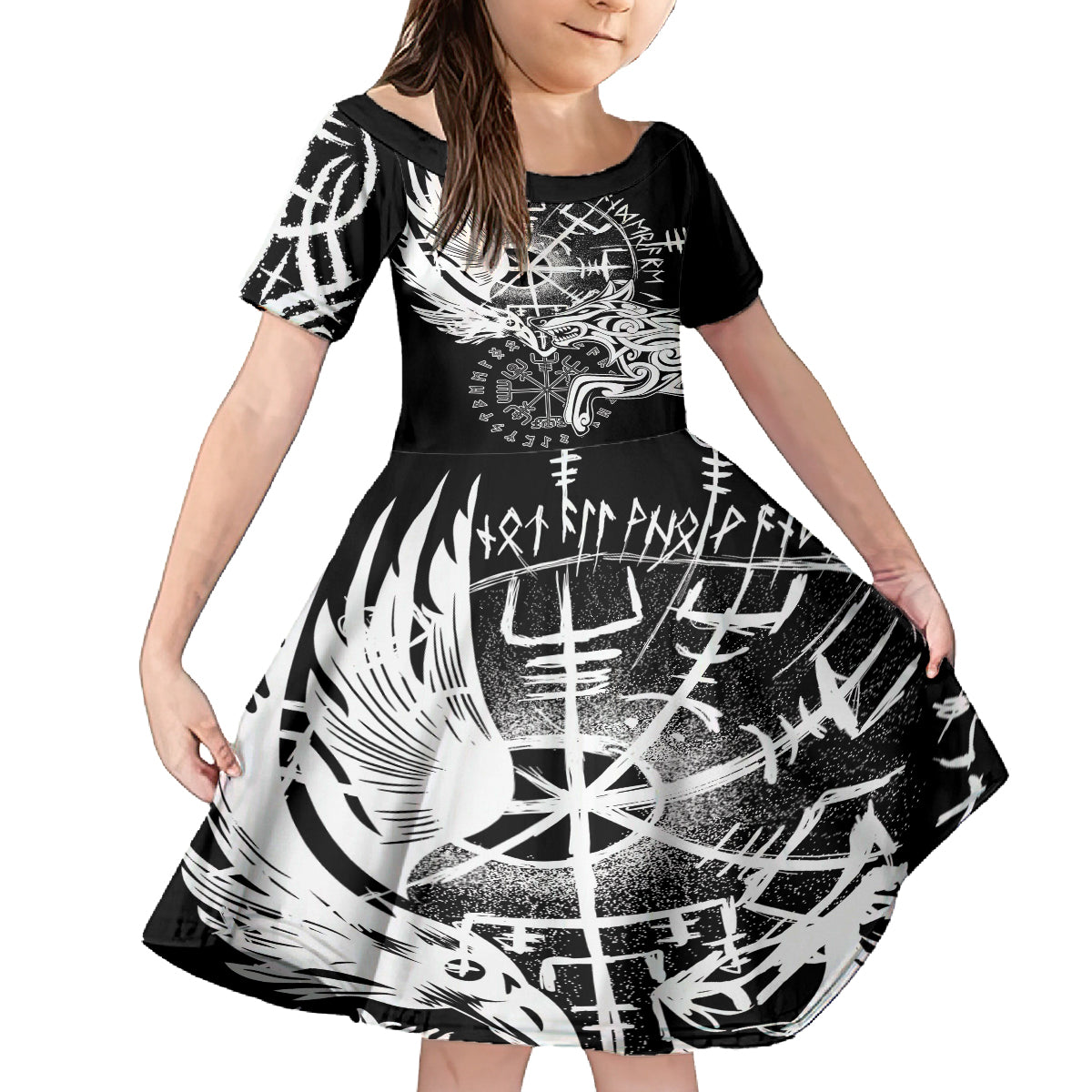 Vikings Raven and Wolf Family Matching Off Shoulder Maxi Dress and Hawaiian Shirt with Aegishjalmur Unique LT9 - Wonder Print Shop
