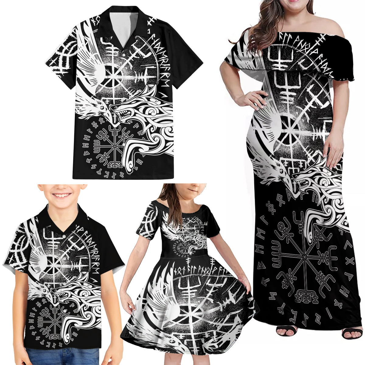 Vikings Raven and Wolf Family Matching Off Shoulder Maxi Dress and Hawaiian Shirt with Aegishjalmur Unique LT9 - Wonder Print Shop