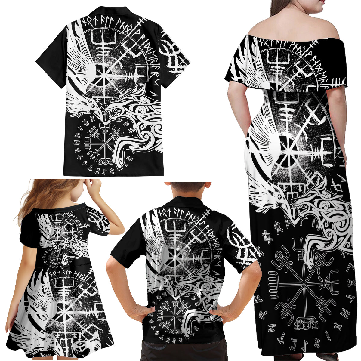 Vikings Raven and Wolf Family Matching Off Shoulder Maxi Dress and Hawaiian Shirt with Aegishjalmur Unique LT9 - Wonder Print Shop