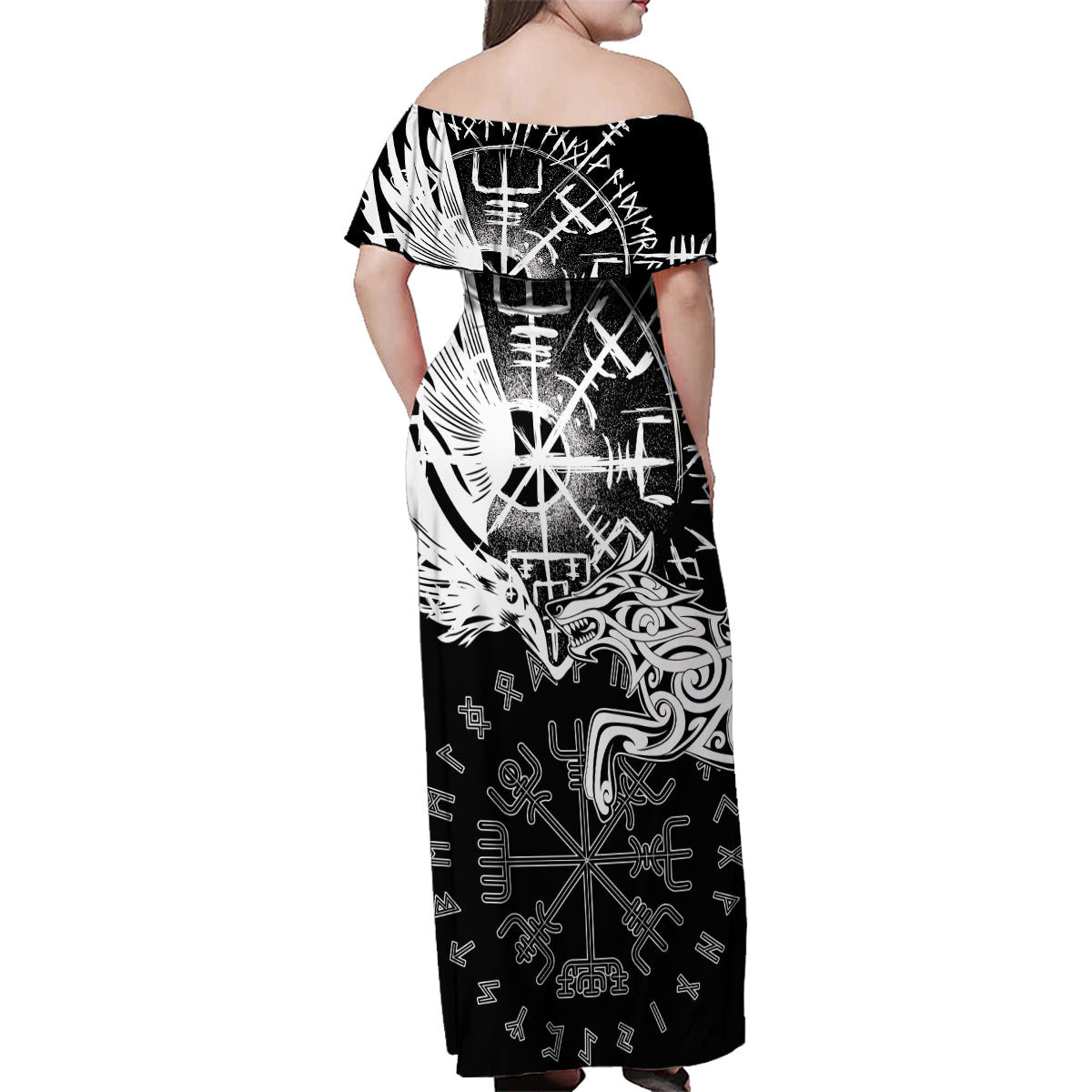 Vikings Raven and Wolf Family Matching Off Shoulder Maxi Dress and Hawaiian Shirt with Aegishjalmur Unique LT9 - Wonder Print Shop