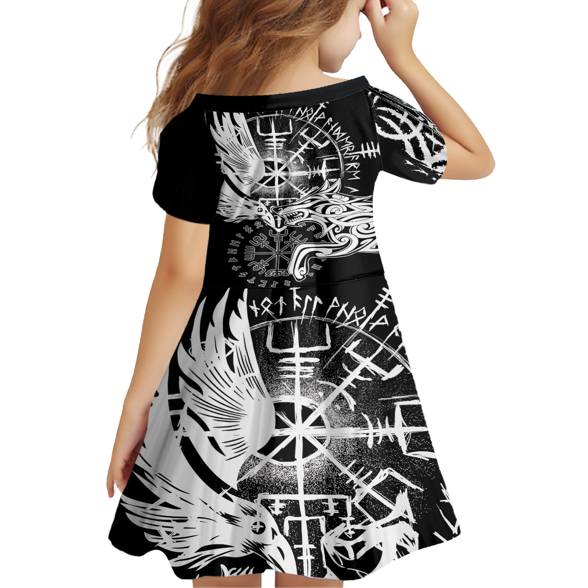 Vikings Raven and Wolf Family Matching Off Shoulder Short Dress and Hawaiian Shirt with Aegishjalmur Unique LT9 - Wonder Print Shop