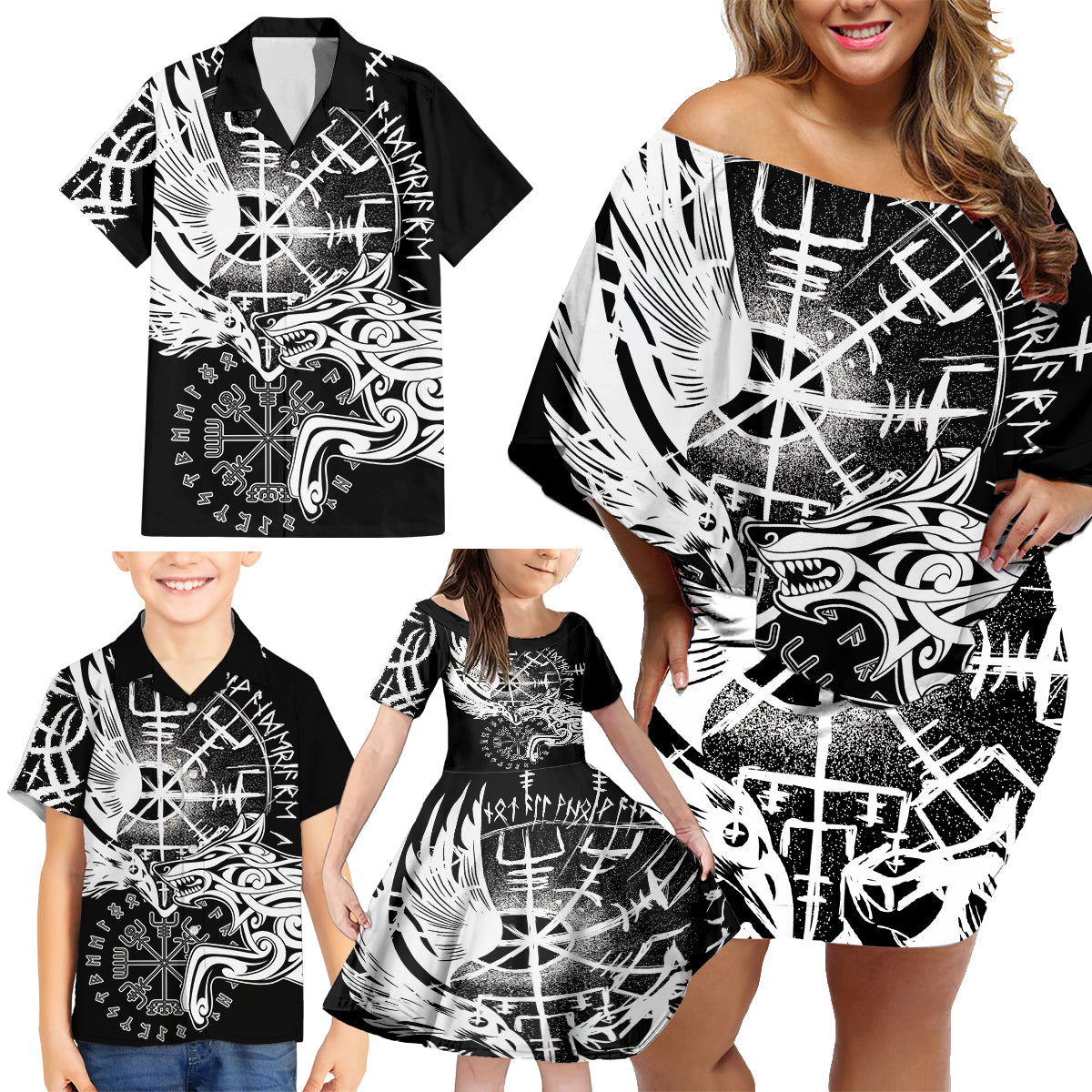 Vikings Raven and Wolf Family Matching Off Shoulder Short Dress and Hawaiian Shirt with Aegishjalmur Unique LT9 - Wonder Print Shop