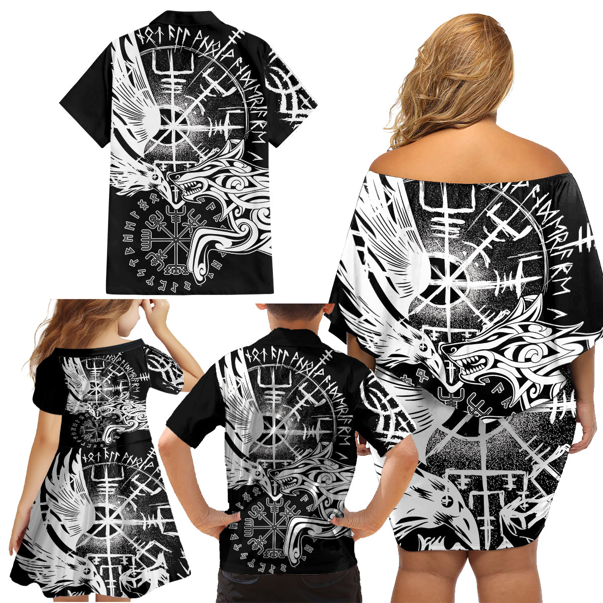 Vikings Raven and Wolf Family Matching Off Shoulder Short Dress and Hawaiian Shirt with Aegishjalmur Unique LT9 - Wonder Print Shop