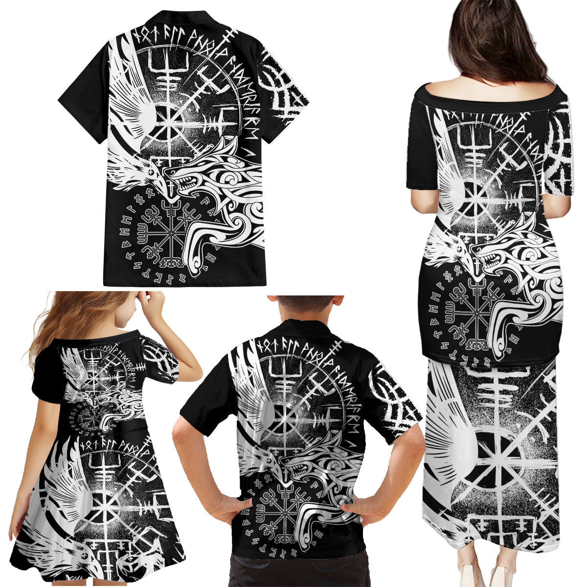 Vikings Raven and Wolf Family Matching Puletasi and Hawaiian Shirt with Aegishjalmur Unique - Wonder Print Shop