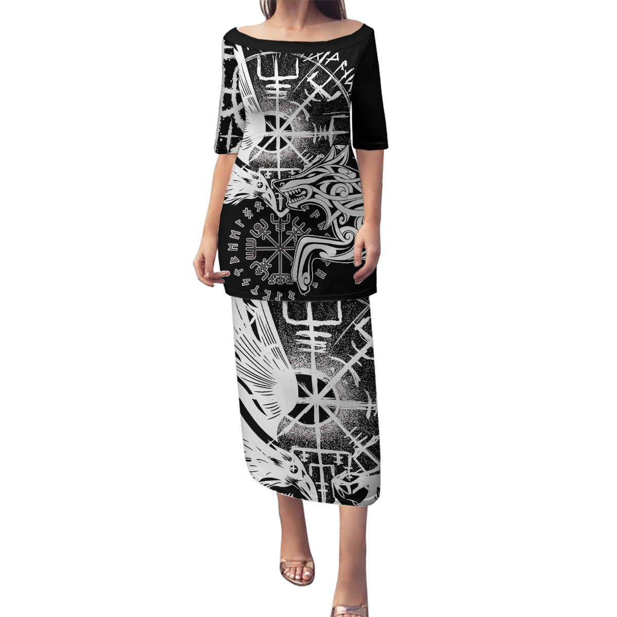 Vikings Raven and Wolf Family Matching Puletasi and Hawaiian Shirt with Aegishjalmur Unique - Wonder Print Shop