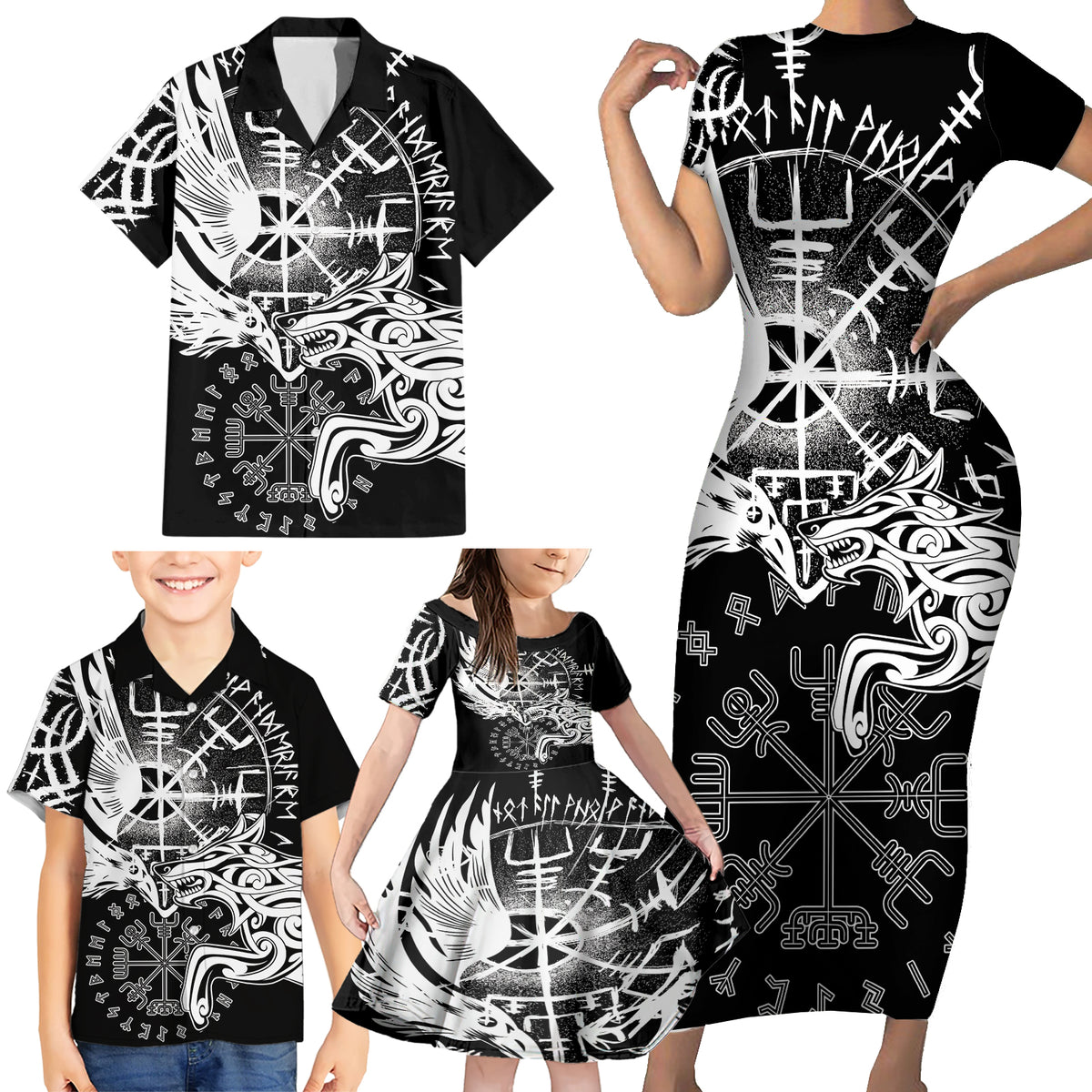 Vikings Raven and Wolf Family Matching Short Sleeve Bodycon Dress and Hawaiian Shirt with Aegishjalmur Unique - Wonder Print Shop