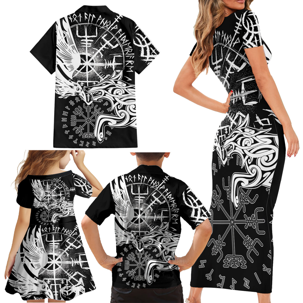 Vikings Raven and Wolf Family Matching Short Sleeve Bodycon Dress and Hawaiian Shirt with Aegishjalmur Unique - Wonder Print Shop