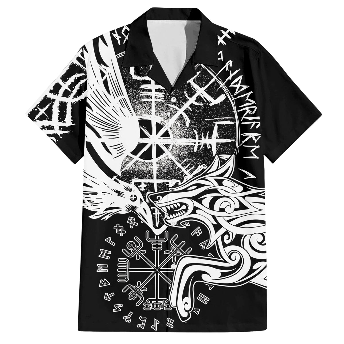 Vikings Raven and Wolf Family Matching Short Sleeve Bodycon Dress and Hawaiian Shirt with Aegishjalmur Unique - Wonder Print Shop