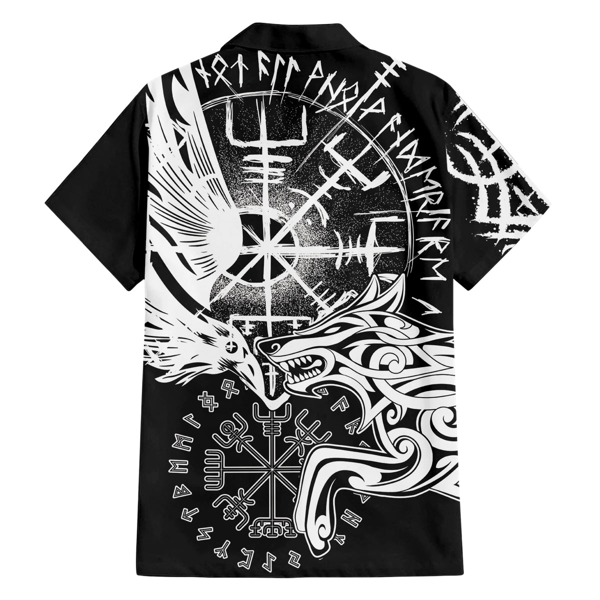 Vikings Raven and Wolf Family Matching Short Sleeve Bodycon Dress and Hawaiian Shirt with Aegishjalmur Unique - Wonder Print Shop