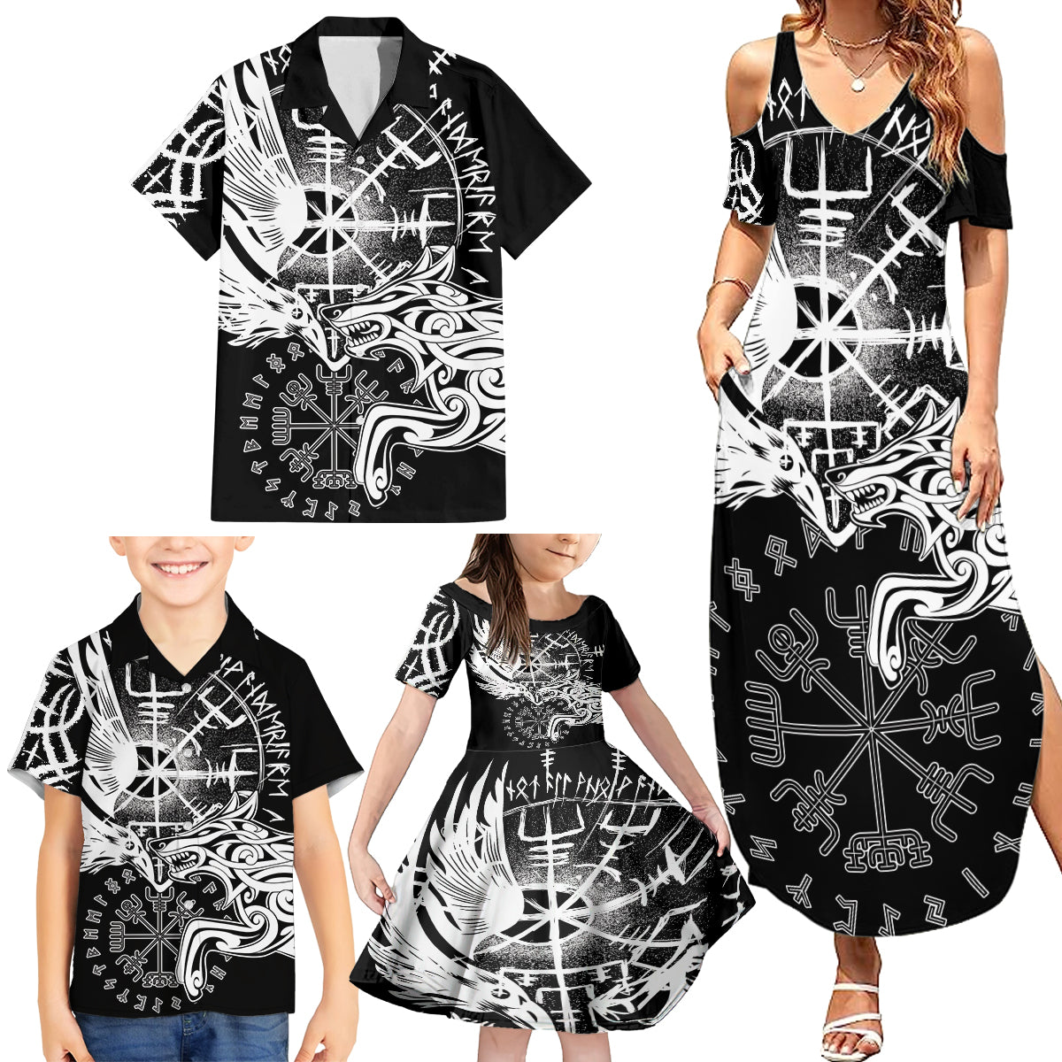 Vikings Raven and Wolf Family Matching Summer Maxi Dress and Hawaiian Shirt with Aegishjalmur Unique - Wonder Print Shop