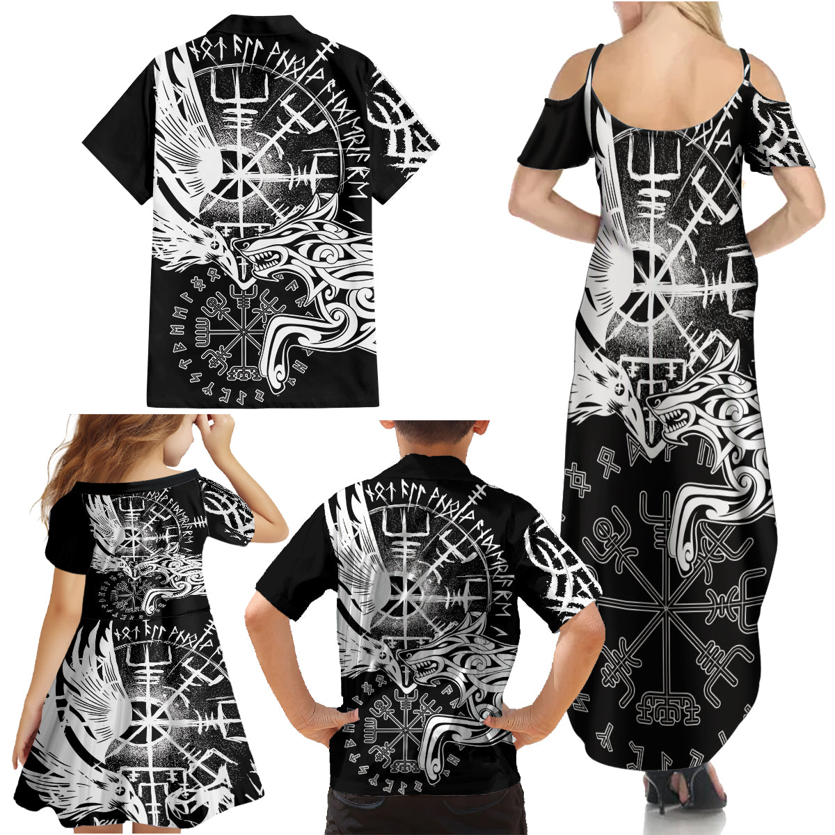 Vikings Raven and Wolf Family Matching Summer Maxi Dress and Hawaiian Shirt with Aegishjalmur Unique - Wonder Print Shop