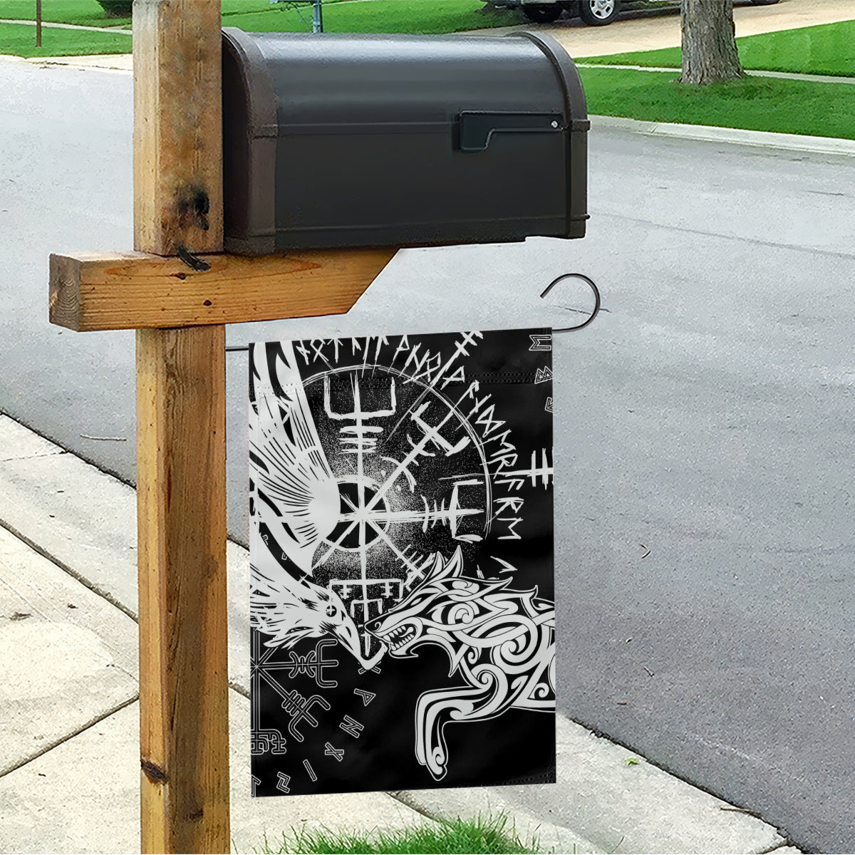 Vikings Raven and Wolf Garden Flag with Aegishjalmur Unique - Wonder Print Shop