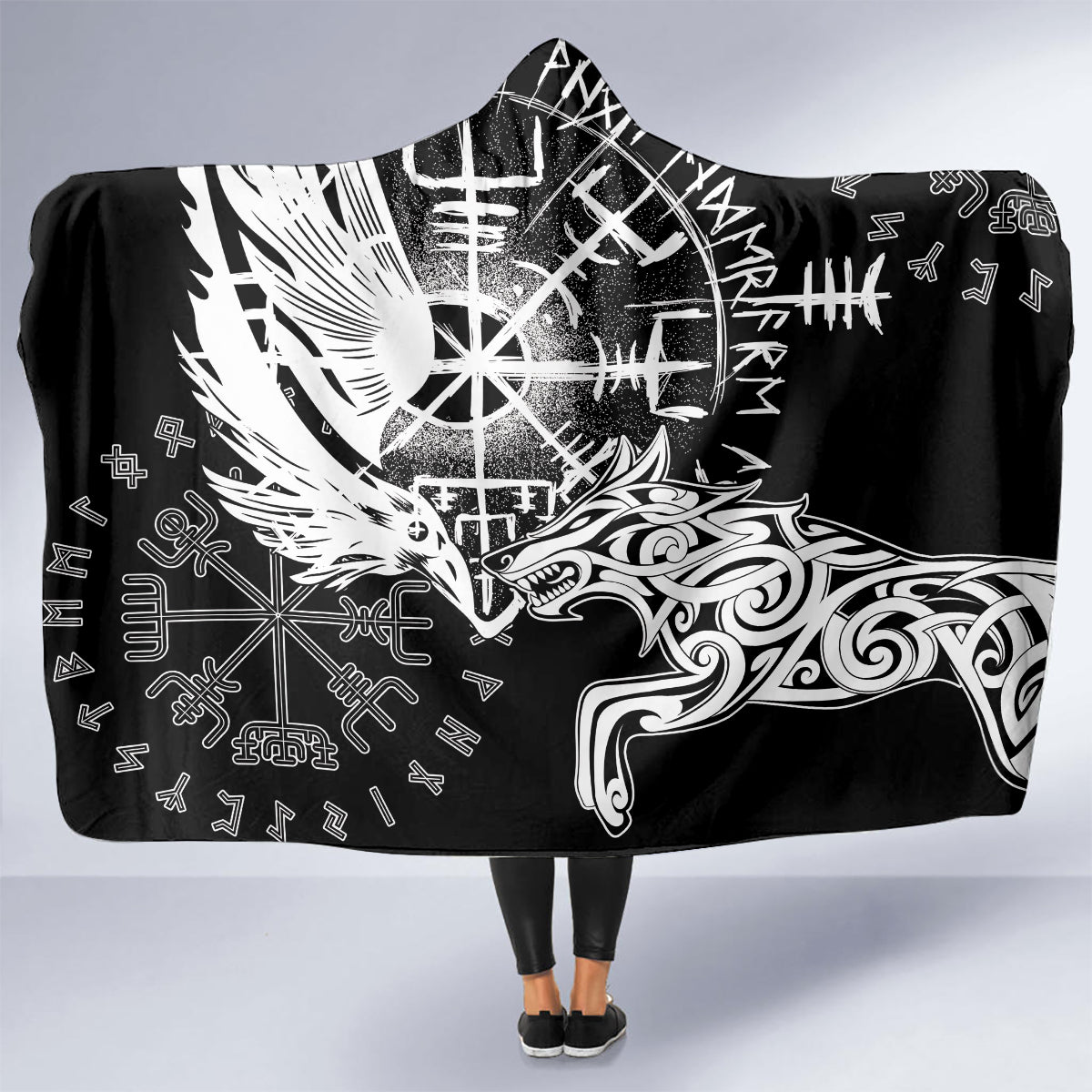 Vikings Raven and Wolf Hooded Blanket with Aegishjalmur Unique