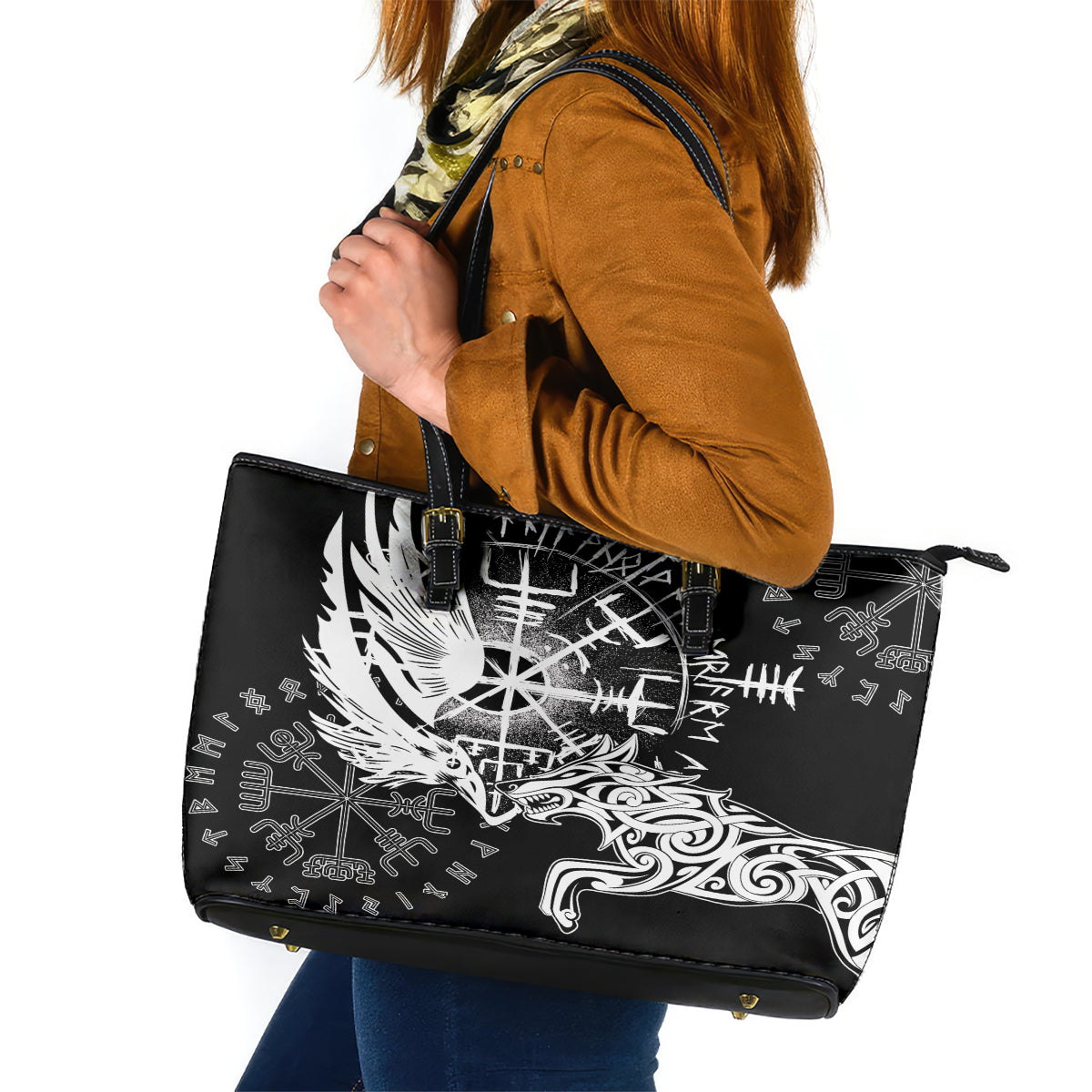 Vikings Raven and Wolf Leather Tote Bag with Aegishjalmur Unique - Wonder Print Shop