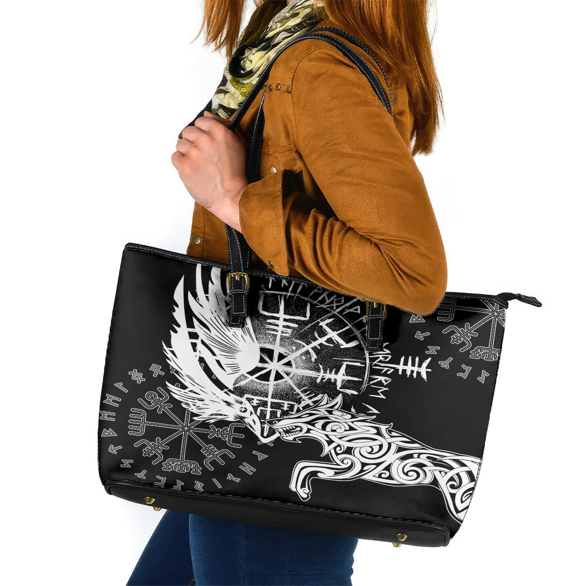 Vikings Raven and Wolf Leather Tote Bag with Aegishjalmur Unique