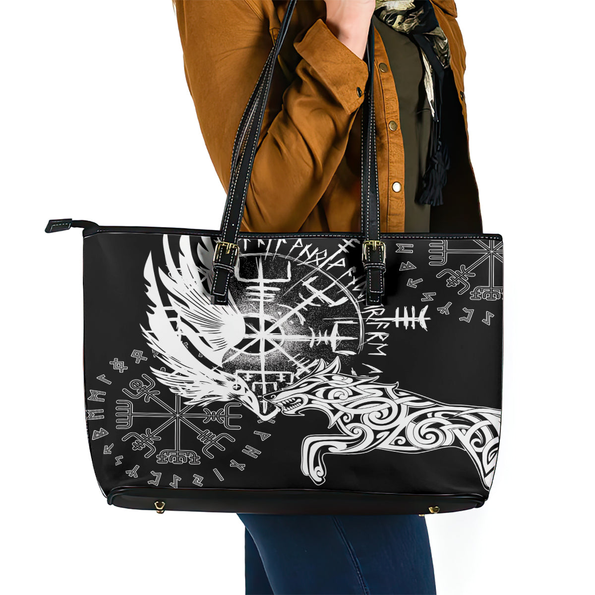 Vikings Raven and Wolf Leather Tote Bag with Aegishjalmur Unique - Wonder Print Shop