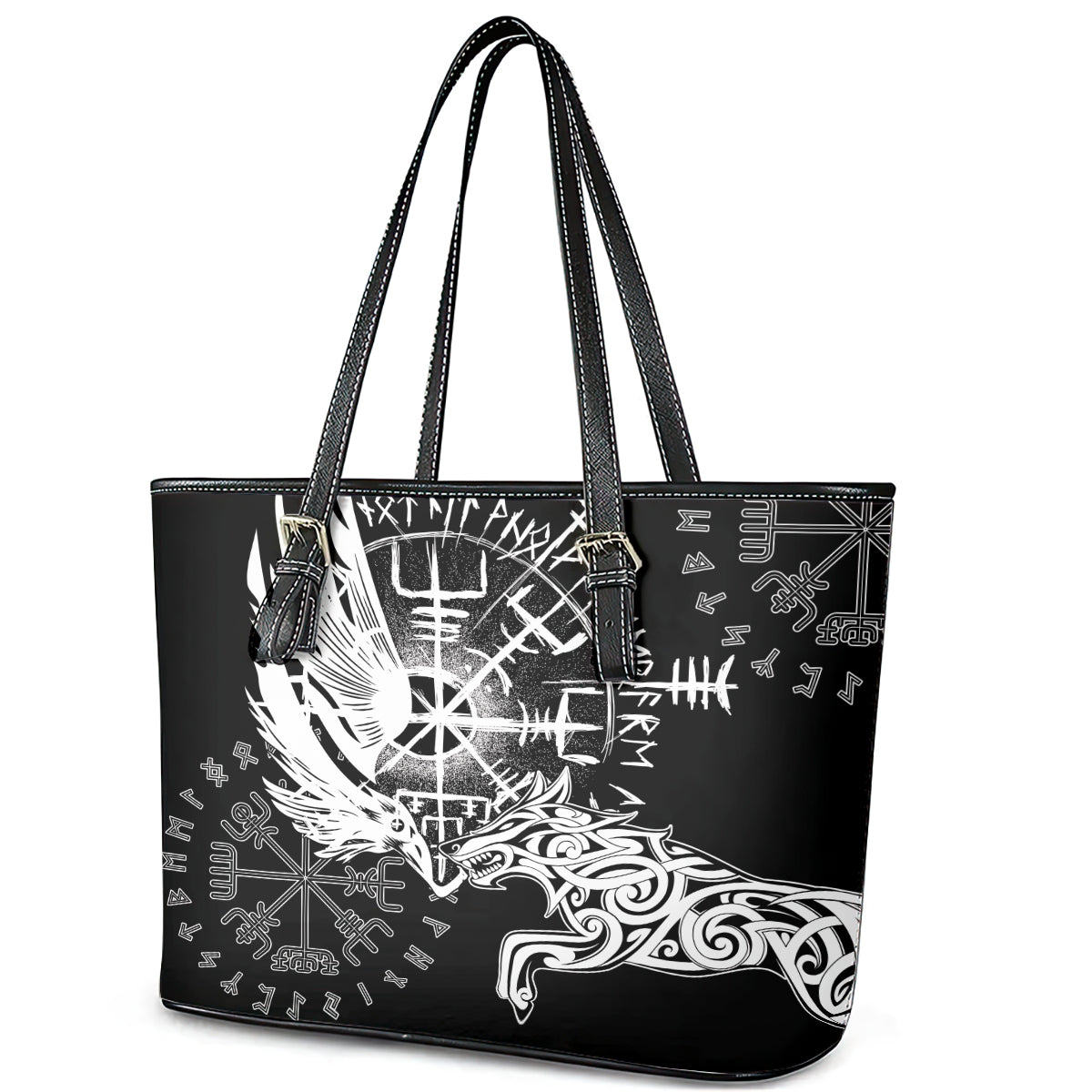 Vikings Raven and Wolf Leather Tote Bag with Aegishjalmur Unique - Wonder Print Shop