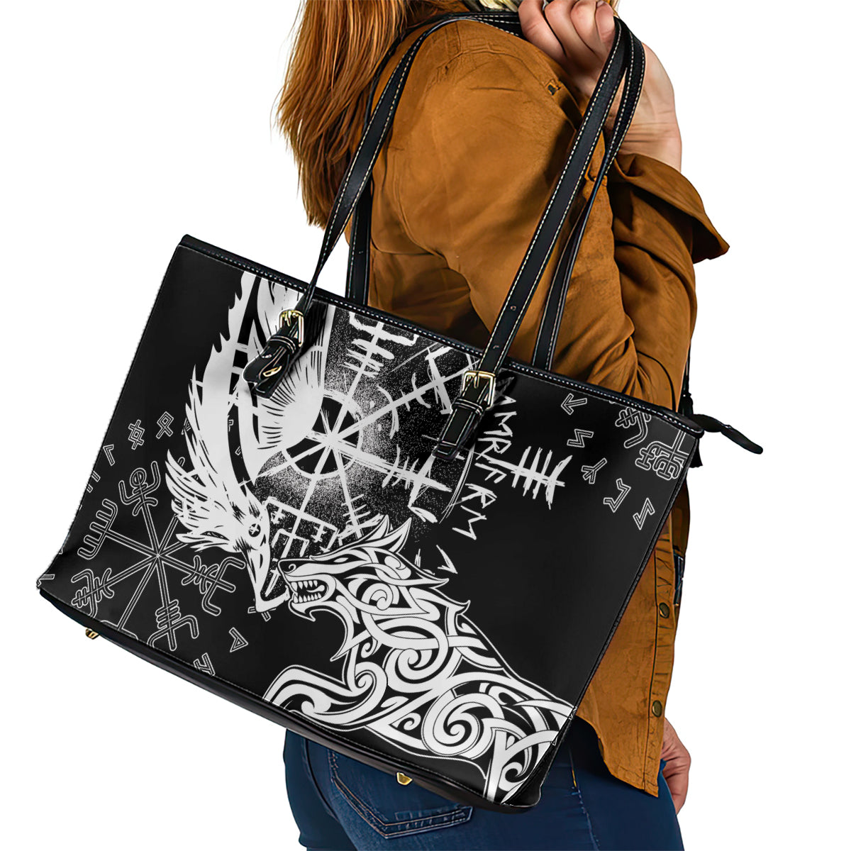 Vikings Raven and Wolf Leather Tote Bag with Aegishjalmur Unique - Wonder Print Shop