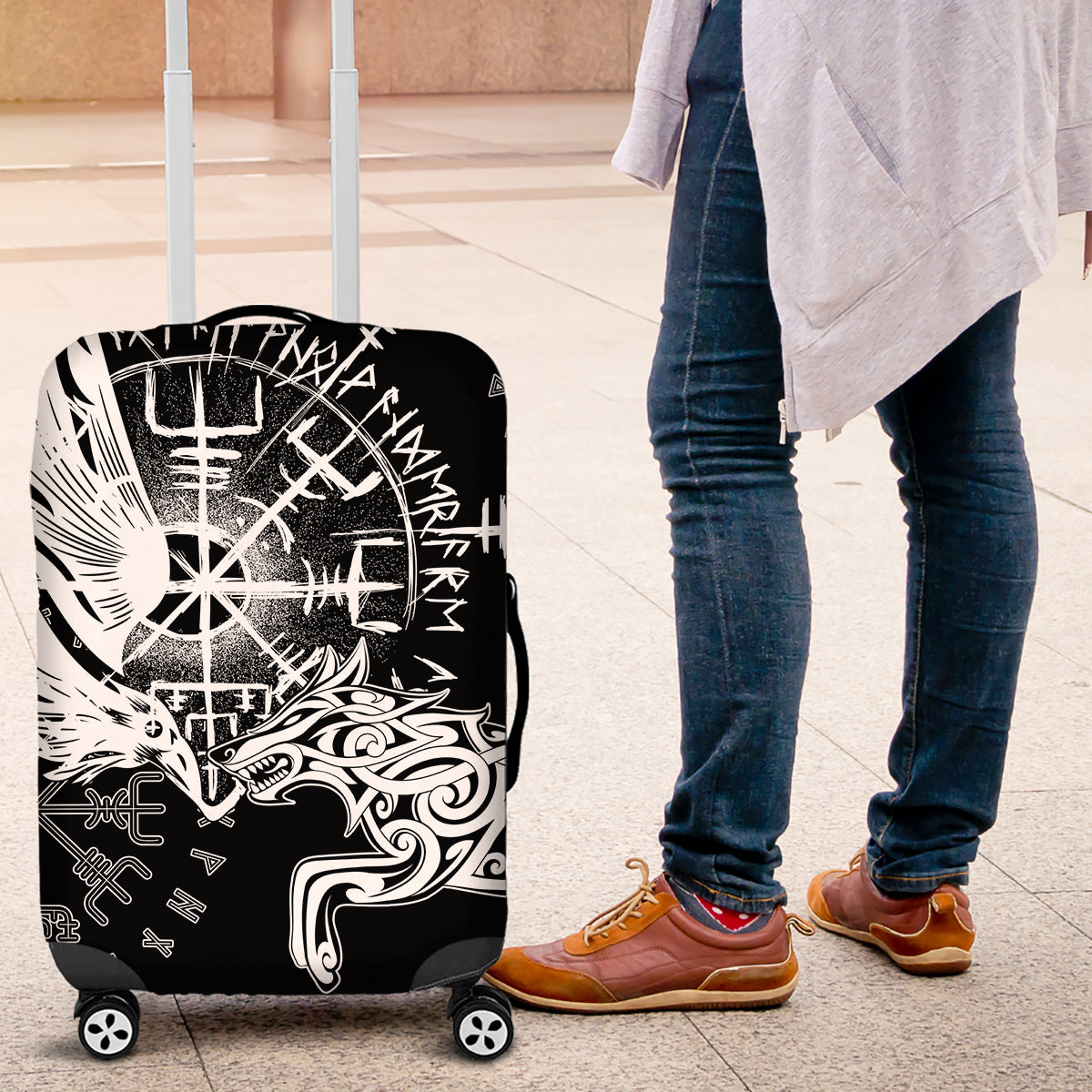 Vikings Raven and Wolf Luggage Cover with Aegishjalmur Unique - Wonder Print Shop