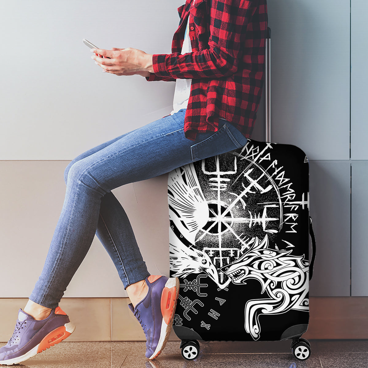 Vikings Raven and Wolf Luggage Cover with Aegishjalmur Unique - Wonder Print Shop
